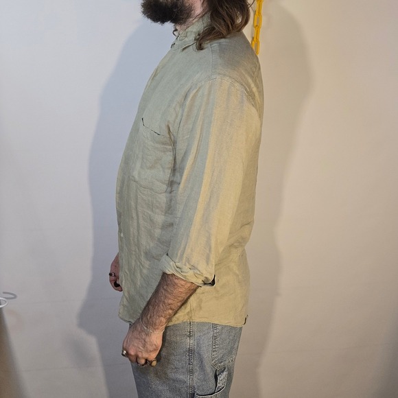 VTG Montebello M Shirt Brown Green Linen Long Sleeve Button XL Fit Hong Kong 80s - Picture 3 of 10